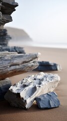 Grey and White Rocks on Sandy Beach Under Hazy Sky