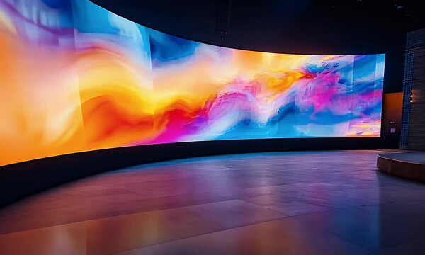  A large, curved LED screen wall in an immersive space with a dark background and blue light embellishments. The overall layout is designed to create a sense of grandeur,