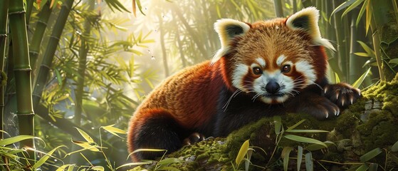 Red panda resting on a mossy tree branch in a lush bamboo forest Soft