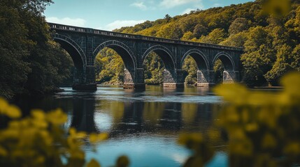 Stone arches span river amidst foliage