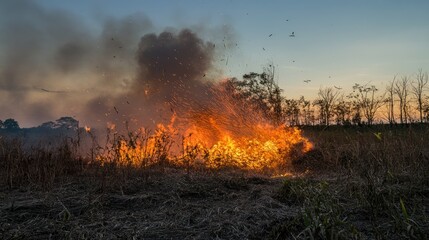 Intense fire erupts in a field at dusk creating sparks and smoke