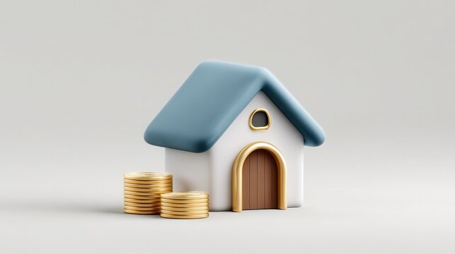 Minimalist design featuring a blue house shape and stacked gold coins symbolizing financial security and real estate investment