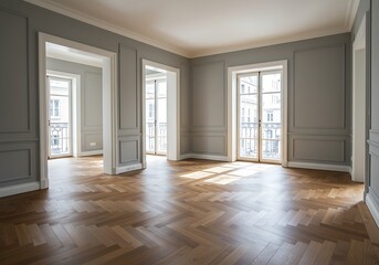 Obraz premium Interior view of an empty room with herringbone wood floor and gray walls with large windows and doorways