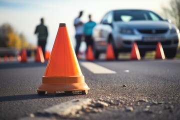 Orange traffic cones on a road with blurred background of people and a car during a driving test.