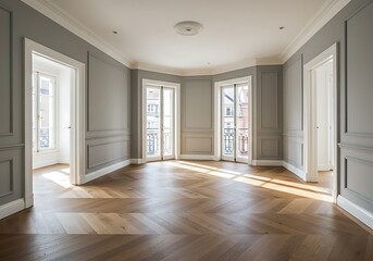 Obraz premium Interior of a spacious room with herringbone floor and gray walls and white door and window frames