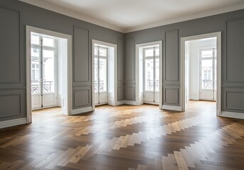 Fototapeta premium A spacious room with parquet flooring, gray walls, and white door frames leading to other rooms