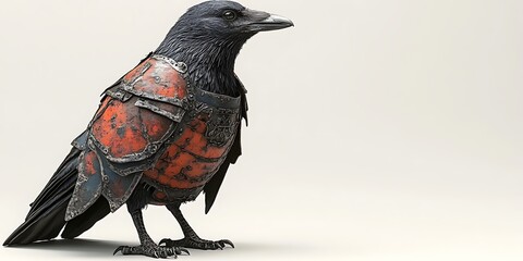 Crow bird in armor sits in profile on neutral background. Conceptual, design, and fantasy art use