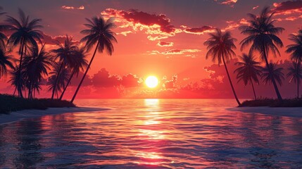 beach with coconut trees in sunset glow
