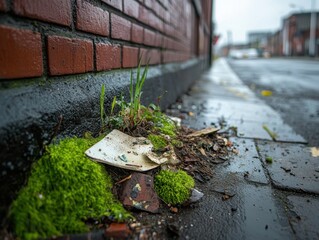 Urban scene depicting a wet street corner with moss and litter against a brick wall, showcasing environmental neglect.