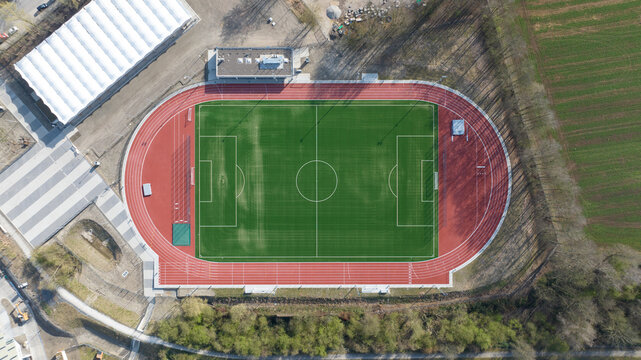 Atlethic running track, soccer field, sports, aerial view.