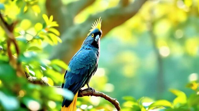 Blue parrot perched on a branch in a lush green forest setting art
