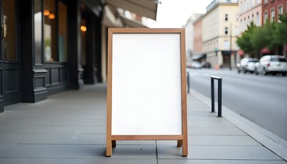 Front view mockup of blank standing restaurant menu board on sidewalk, urban background, daylight scene
