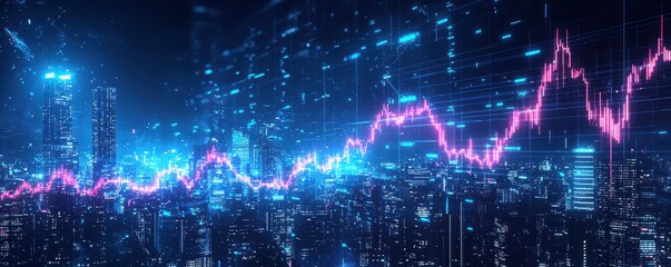 Futuristic cityscape with digital financial graphs and blue tones.