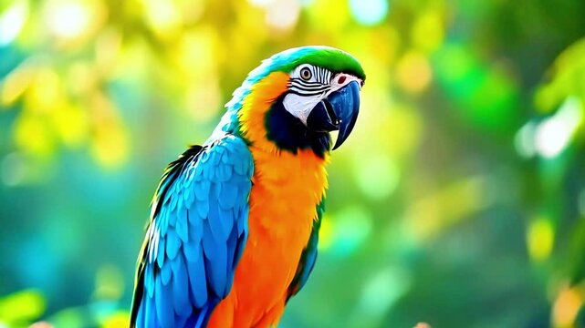 Blue and gold macaw perched on a branch in a lush tropical setting