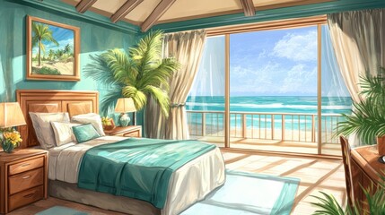 Fototapeta premium Elegant coastal bedroom with ocean view and tropical decor featuring serene color palette and natural light