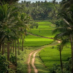 Obraz premium Lush Green Rice Fields Stretching to the Horizon 