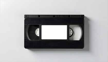 Isolated VHS tape on clean surface, blank white label for custom retro branding