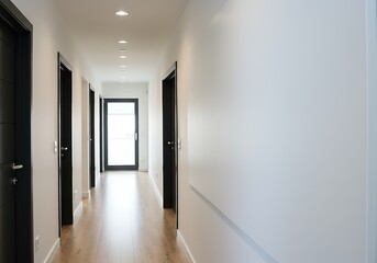 Obraz premium Interior view of a long hallway with wooden floor, white walls, and dark doors leading to other rooms