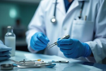 Veterinarian in sterile white coat, examining tools , isolated on white, medical, veterinary