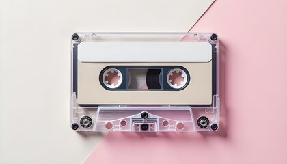 90s cassette tape with blank custom label and plastic cover, placed on soft pastel background