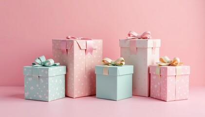 Obraz premium Subtle pastel colored gift boxes with polka dots, repeating design, spring, colorful, background pattern