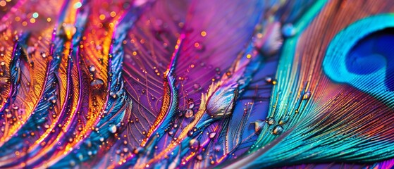 Extreme close up texture shot of iridescent peacock feather details Abstract