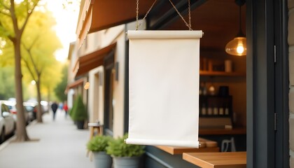 Hanging banner mockup with editable text area, hanging outside small coffee stall