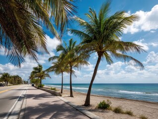 Tropical Paradise: Palm Trees Swaying Under Sunny Skies at Hollywood Beach in Miami, Florida