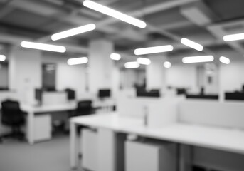 Fototapeta premium Blurred monochrome image of an office space with desks chairs and overhead fluorescent lighting fixtures