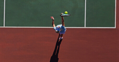 Hit, serve and woman on outdoor tennis court with challenge, performance and game from above....