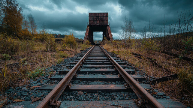 Abandoned railway tracks leading to a deserted train station under dark, moody sky