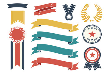 Vintage Award Ribbons and Banners Set, Retro Medal Badges and Emblems, Decorative Labels and Achievement Graphics.