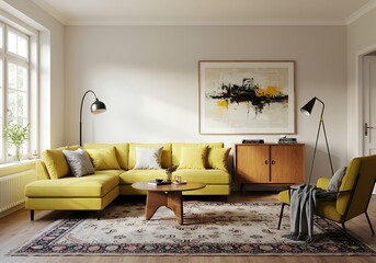A living room featuring a yellow sectional sofa, a patterned rug, and modern decor elements