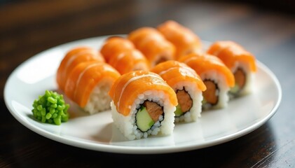 Various sushi rolls on a white plate, garnished with wasabi, plate, white