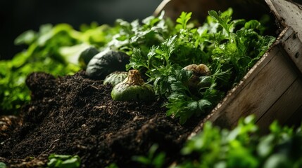 Freshly harvested vegetables nestled in rich soil, surrounded by vibrant green leaves, highlighting a connection to nature and organic farming.