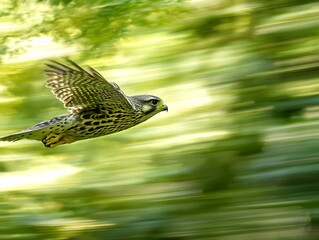 Peregrine falcon flying fast through blurry trees. Environmental, travel and wildlife magazine uses