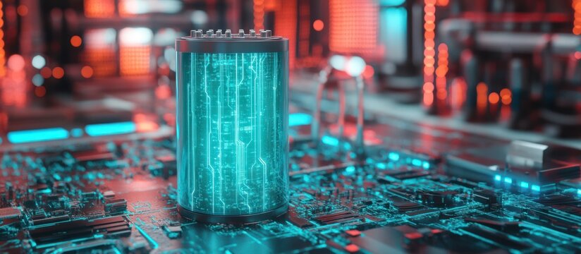 futuristic energy storage solution concept with glowing circuits depicting advanced battery technology and the power of innovation in a digital landscape