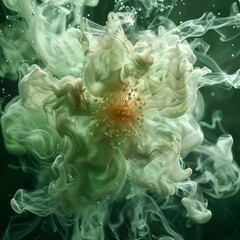 A strong, centralized puff of bright green smoke blooms outward against a black background, featuring fine textures that resemble ink suspended in water. Dynamic visual concept