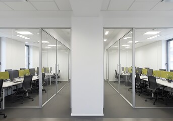 View of two modern office spaces with glass walls and white desks and black chairs in an office building