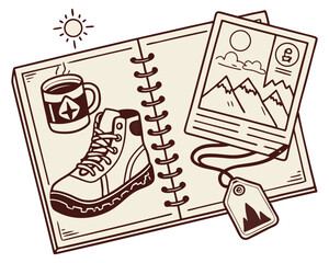 Hand-Drawn Adventure Travel Journal with Hiking Boot, Photos, and Coffee