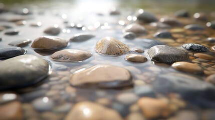 Closeup of Smooth Wet Stones in Shallow Water with Sunlight Reflection