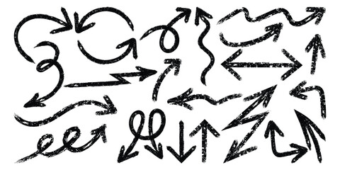 Set of chalked arrows and frames. Hand drawn black charcoal. Vector doodle marker drawing. Freehand different curved arrows, swirls, circles. Vector illustration