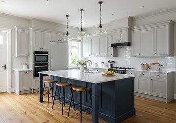A bright kitchen interior featuring a large island with stools and light gray cabinetry around it