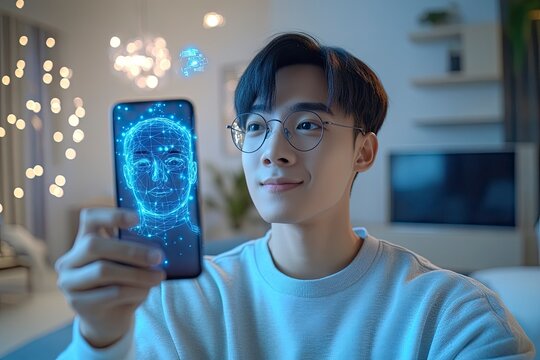 A young Asian man is taking a selfie with her mobile phone, and there's an AI face biometric processing system on the screen showing digital facial recognition data in front of her. The background fea - Powered by Adobe