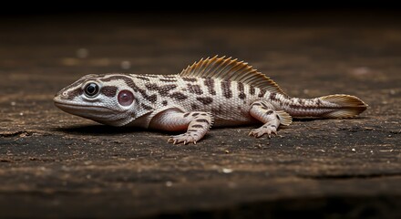Naklejka premium Striped Lizard on Dark Wood: A Detailed Macro Photograph