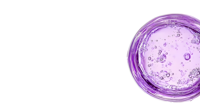 Clear purple cosmetic gel serum oil texture isolated on white background. Hyaluronic acid skincare product with bubbles macro. Clear purple cosmetic gel serum oil texture isolated on white background