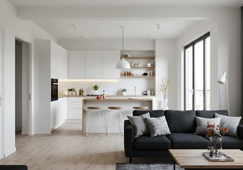 Bright open concept living space with white kitchen and dark sofa in a modern apartment design