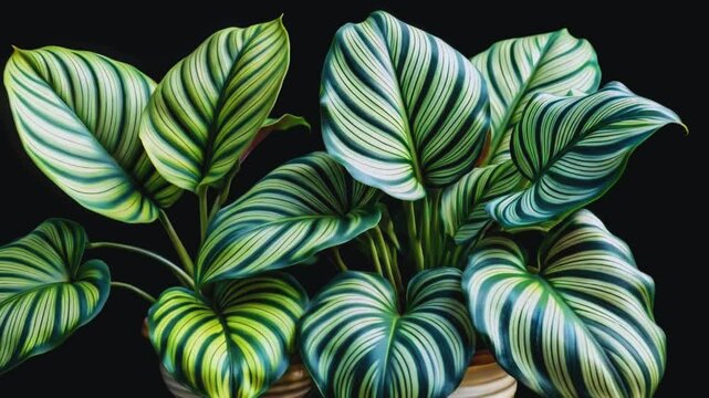 Lush Calathea Orbifolia Houseplant with Striking Striped Leaves on Black Background