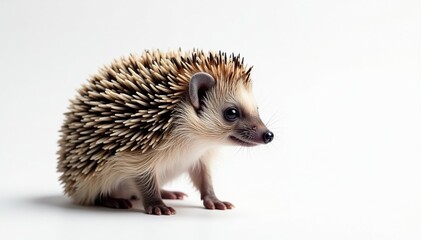 Fototapeta premium Close-up of a single hedgehog on a stark white backdrop , stock photo, image