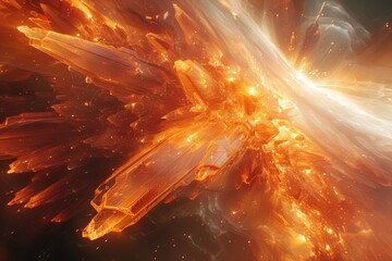 An abstract high-energy explosion of light and color in space, featuring fragments of glowing crystals and energy pulses expanding in all directions. Dynamic cosmic concept
